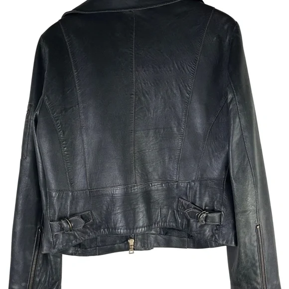Charles Klein Moto Bomber Leather Jacket Coat Womens Sz Large Black Zip Up - Picture 3 of 8